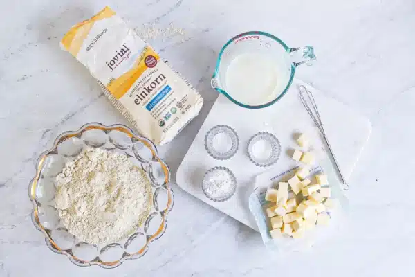 ingredient layout for einkorn biscuits with jovial brand flour