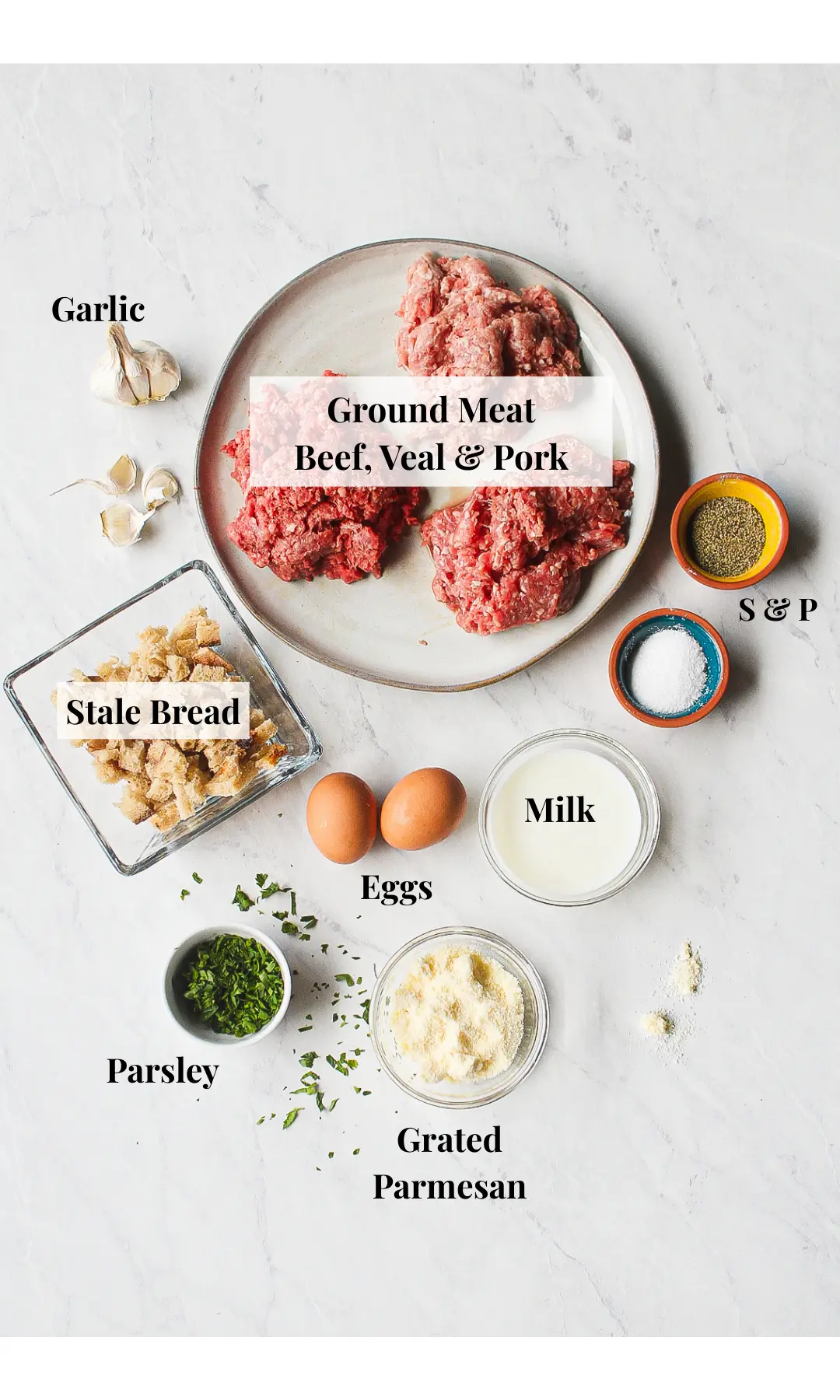 overhead shot of ingredients for the best italian meatballs recipes with word descriptors