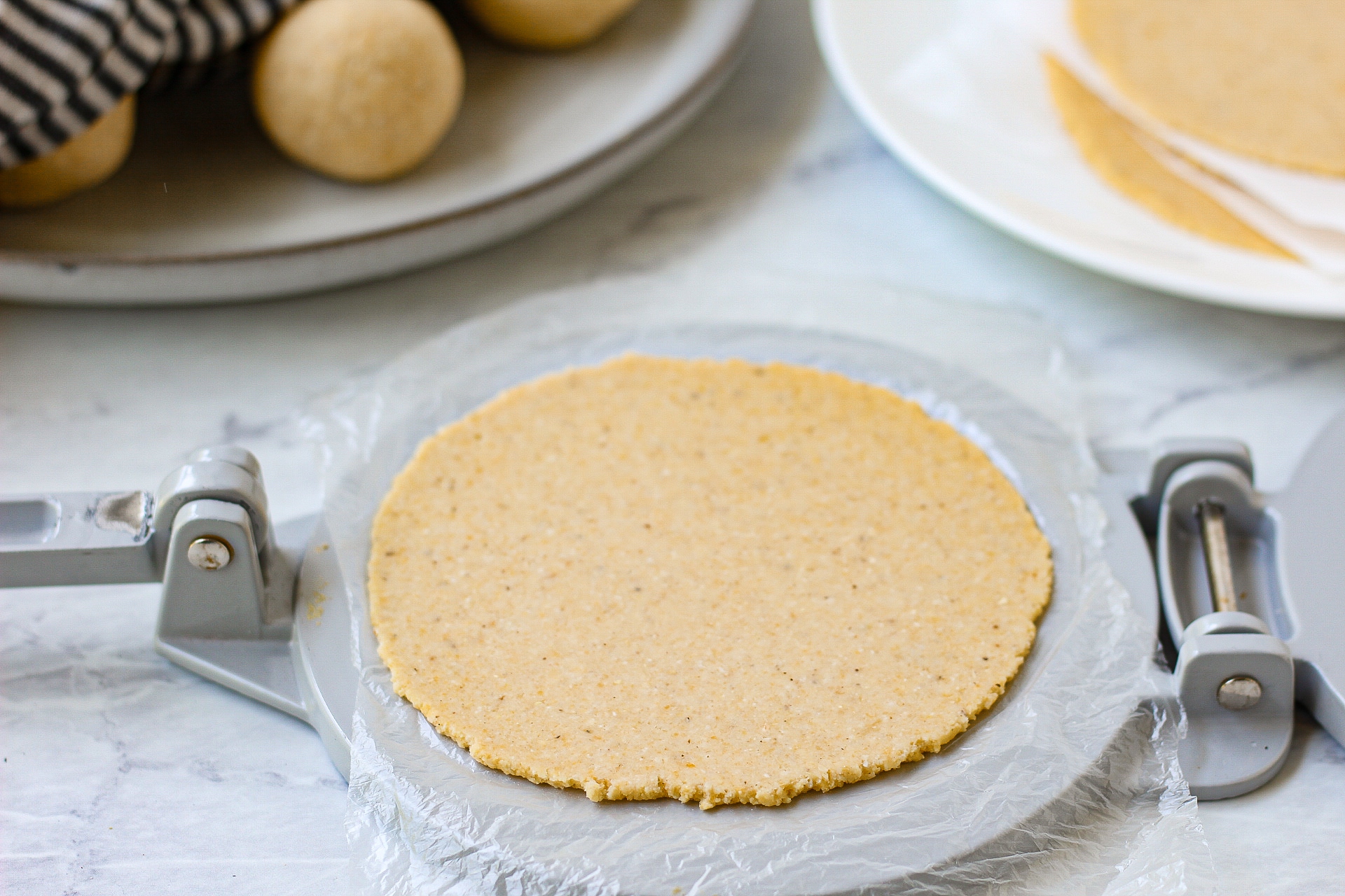 corn tortilla on a tortilla press