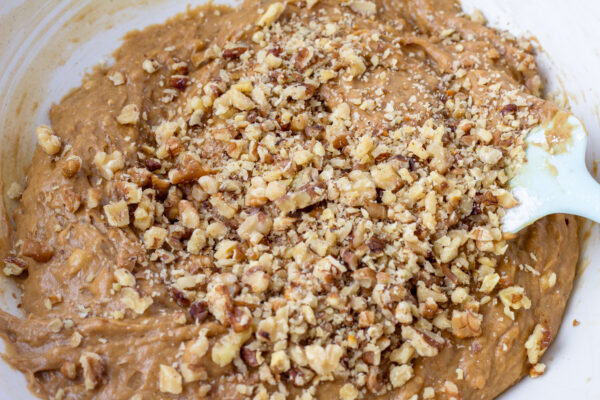 einkorn banana nut muffin batter with walnuts
