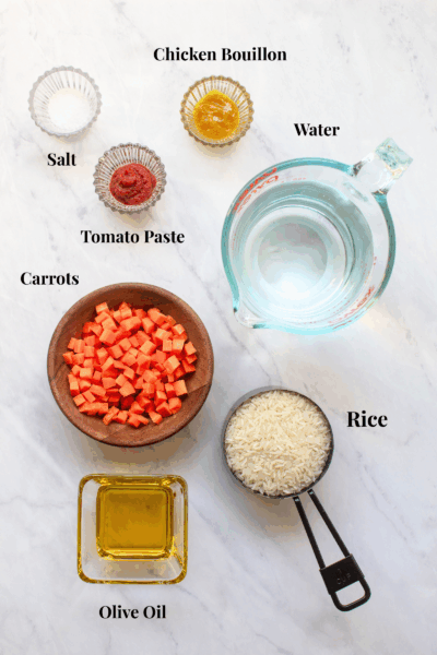 list of ingredients with tags for making easy mexican rojo rice
